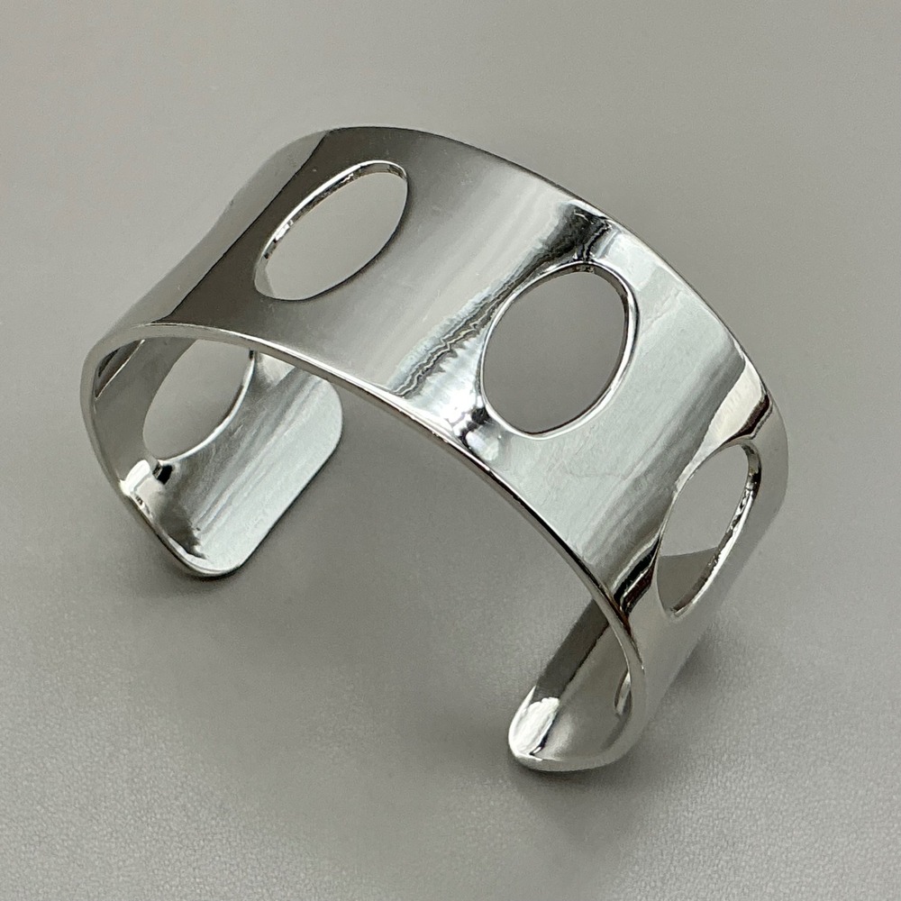 Cuff Bracelet Women Silver Tone Wide Band Cutout Oval Design Modernist Jewelry